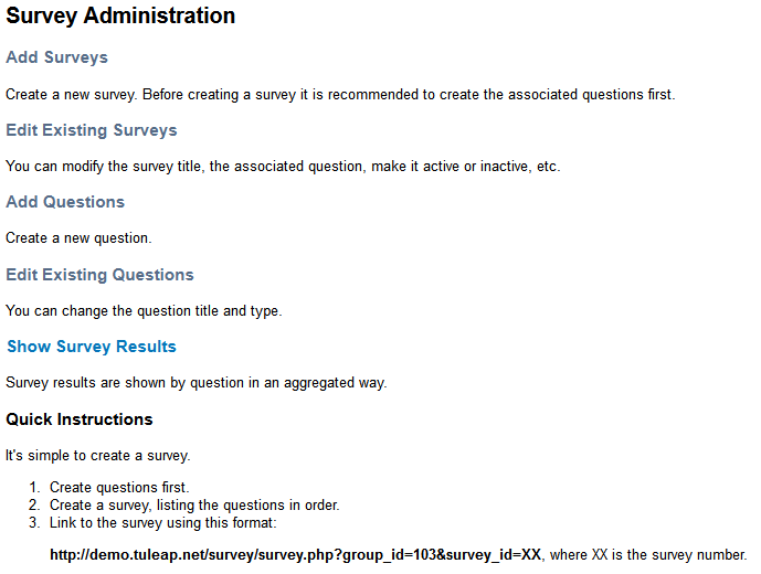 Survey Manager Administration screen