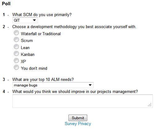 A sample survey taken from the Tuleap project